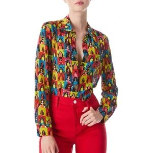 Alice + Olivia Willa Rainbow Stace Face Silk Blouse Size XL